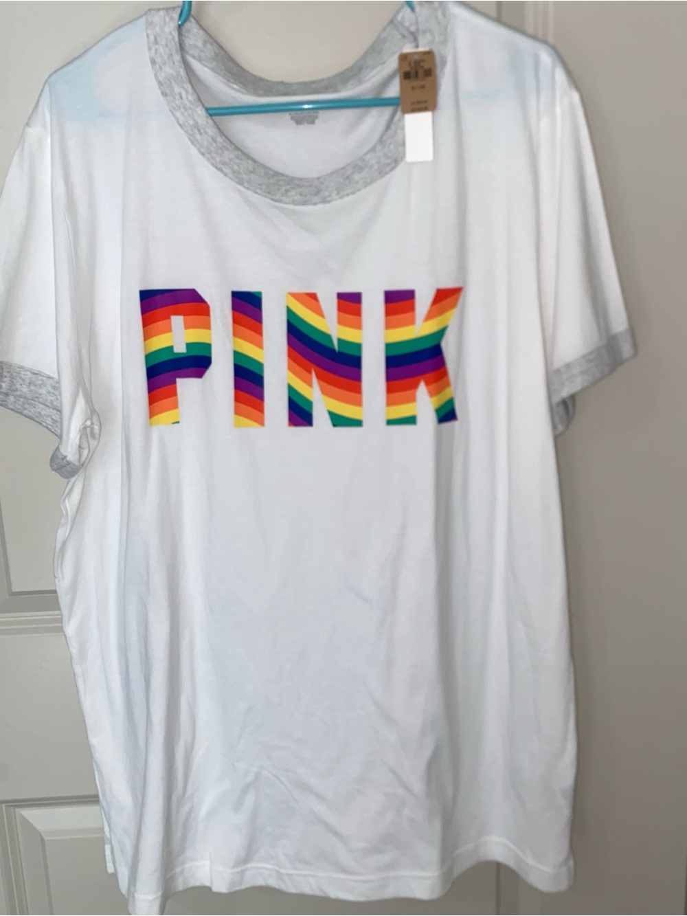 NWT PINK Victoria's Secret White Tee with Rainbow Stripe Logo